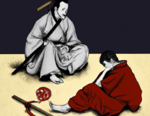 En samurai i lysegrå dragt sidder på gulvet overfor en yngre i rød dragt. Mellem dem ligger en bold og et sværd.