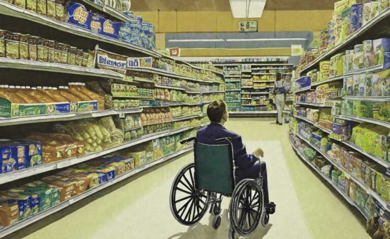 En tegning af en mand i kørestol mellem reolerne i et supermarked
