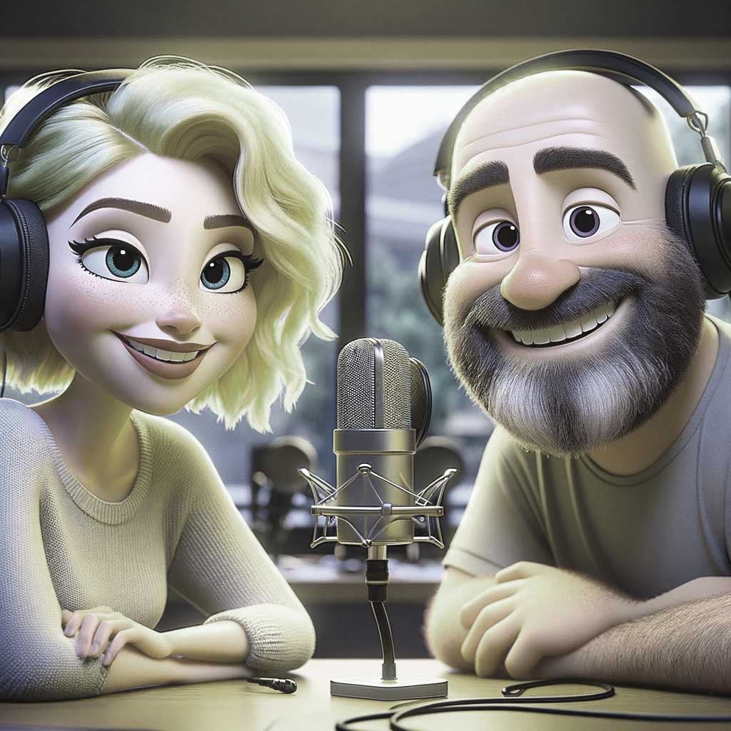 Et Disney-stil billede af en ung dame og en ældre mand med høretelefoner på og en mikrofon på bordet mellem dem