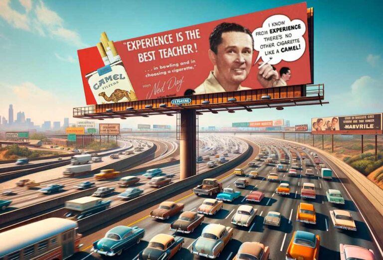 Billboard med cigaretreklame over en travl motorvej